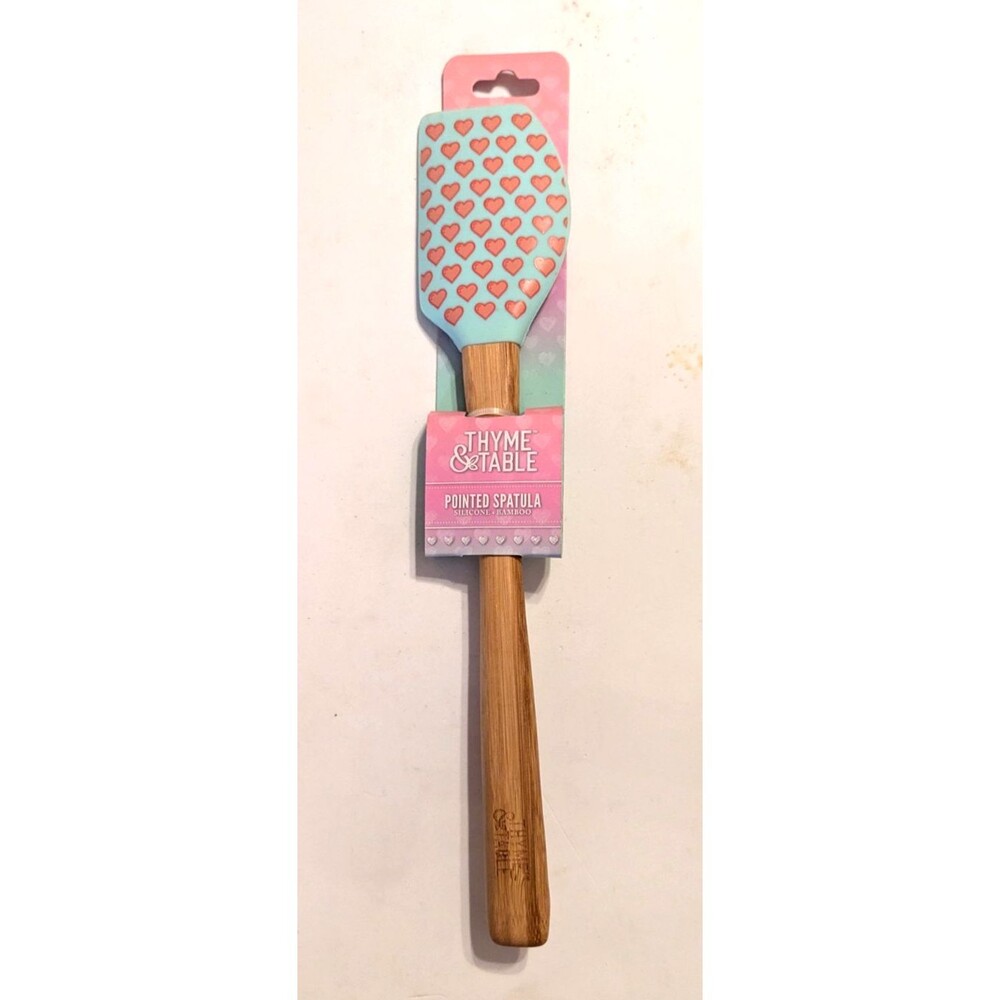 Pink Hearts on Blue Pointed Spatula Silicone Bamboo Wood Handle w/ Measurements